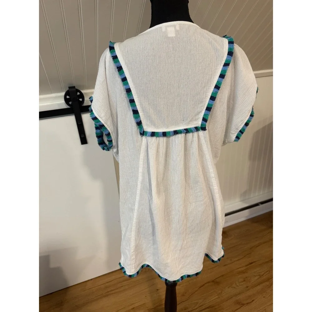 J. Crew Womens Small White Gauze Tassel Trim V-Neck Tunic Top Swim Coverup S